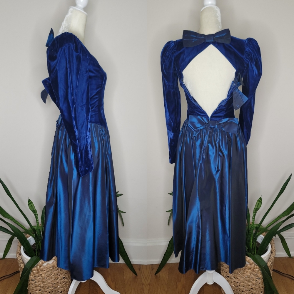 VTG 80s Velvet + Taffeta Bow Dress - Picture 4 of 10